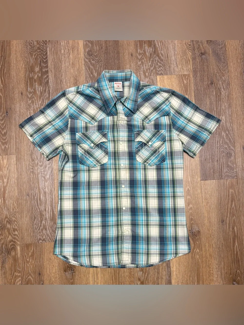True Religion Men's Short-Sleeve Plaid Button-Down Shirt - Teal/Gray/White